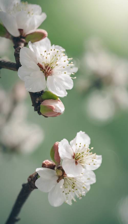An elegant, blooming almond blossom in soft shades of green and white against a hazy background.