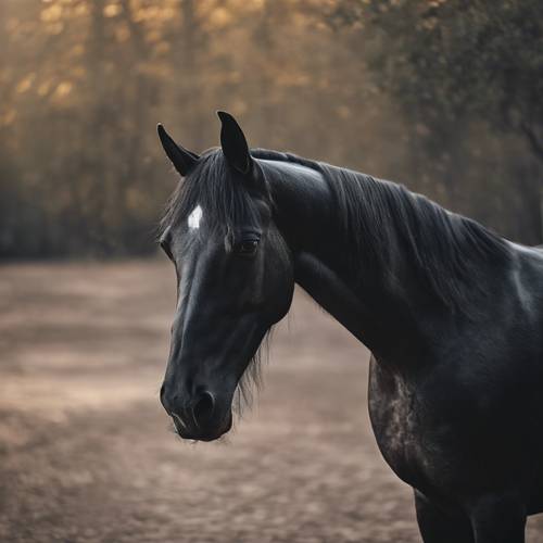 Beautiful black horse turning its head back, looking sad.