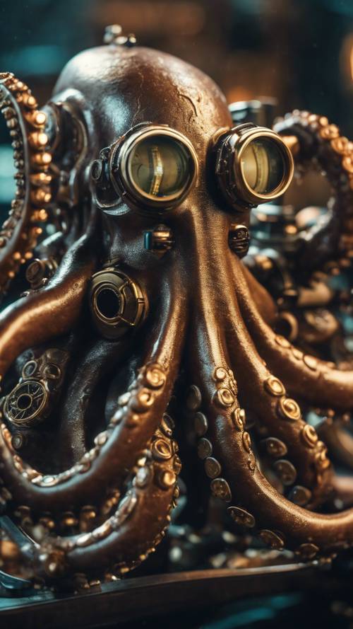 A steampunk octopus operating a bronze submarine in the ocean's depths.