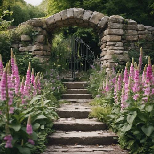 Stone garden steps lined with flowering foxgloves leading to a hidden garden gate.