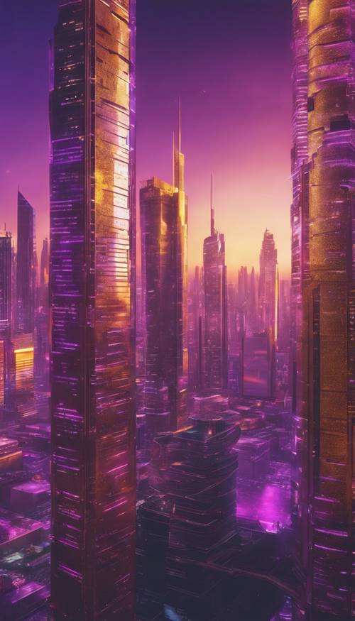 Cảnh quan thành phố kim loại màu tím tương lai với những tòa nhà chọc trời lấp lánh dưới ánh hoàng hôn vàng.