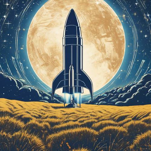 復古風格的科幻小說封面，其中一枚火箭接近星空中壯麗的藍色大理石。