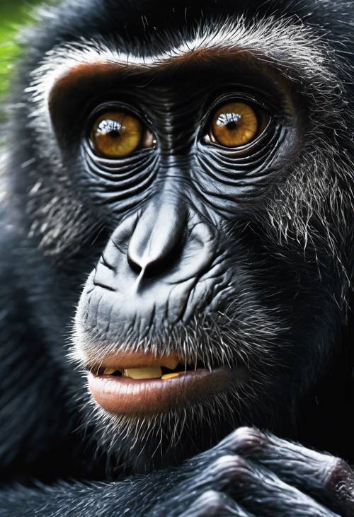 Żywy, niezwykle szczegółowy obraz z bliska twarzy czarnej małpy, z naciskiem na jej ciekawskie, wyraziste oczy.