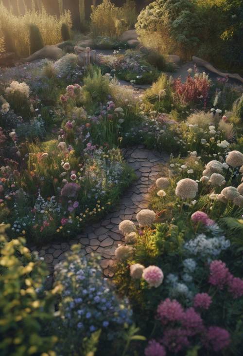 An overhead view of a witch's garden blooming with magical herbs and flowers under the early morning light.