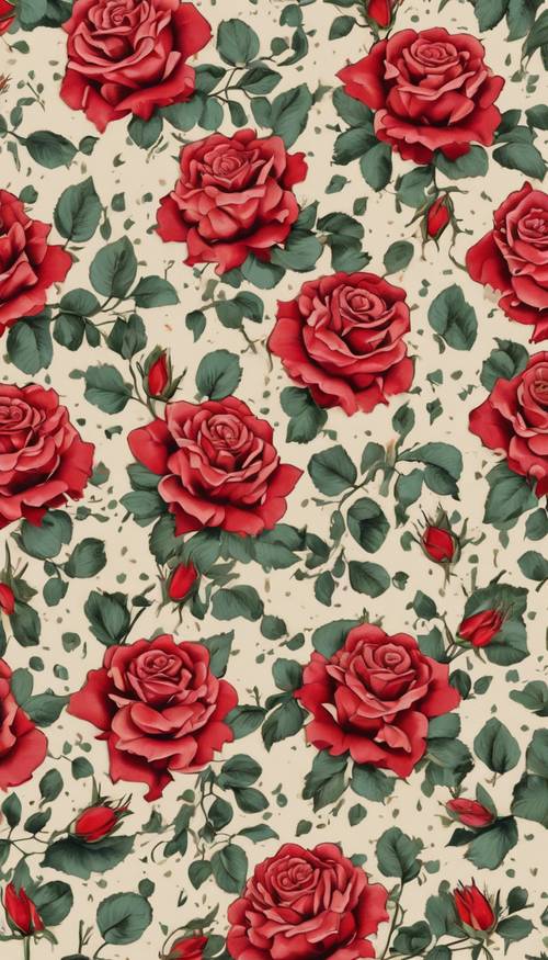 Pola wallpaper bunga vintage dari tahun 1960-an, menampilkan mawar merah tebal.