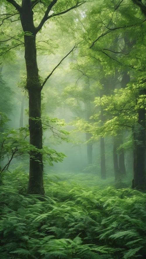 生き生きとした緑の葉ややさしい白い霧が広がる静かな森壁紙