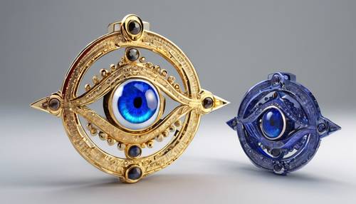 A 3D evil eye amulet, made from opulent sapphire, radiating an enchanting light.