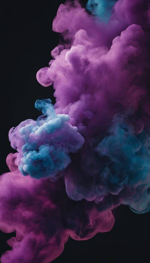 A plume of abstract smoke, swirling in iridescent colors of midnight blues and purples against a black background.