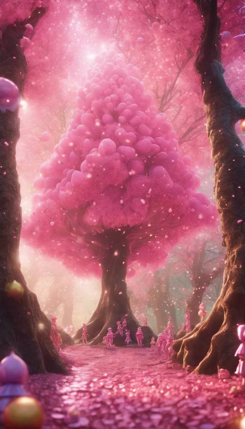 Un arbre en sucre rose entouré d&#39;elfes joyeux dans une forêt magique.