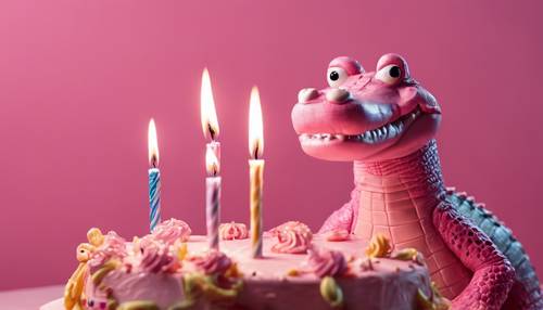 Un crocodile rose heureux soufflant les bougies d&#39;anniversaire sur un gâteau.