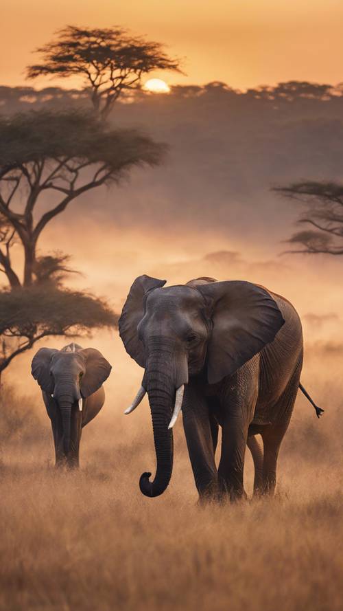 Теплый восход солнца в саванне, освещающий величественного слона, прогуливающегося с теленком.