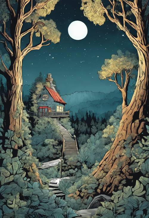 Phim hoạt hình Maine Coon với chiếc đuôi rậm rạp, kỳ dị, nhìn từ trên cành cao trong khu rừng ma thuật vào ban đêm.