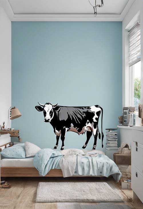 Kids bedroom with cow print wall decals scattered over a light blue wall.