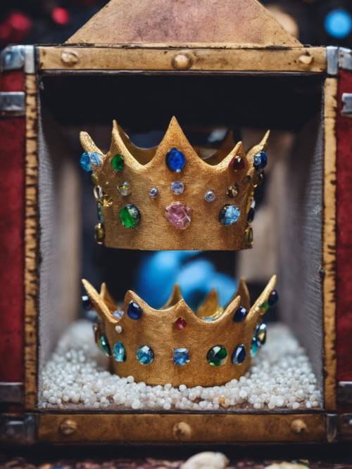 Una corona da gioco per bambini, fatta di plastica con finte pietre preziose, scartata in una scatola di giocattoli.