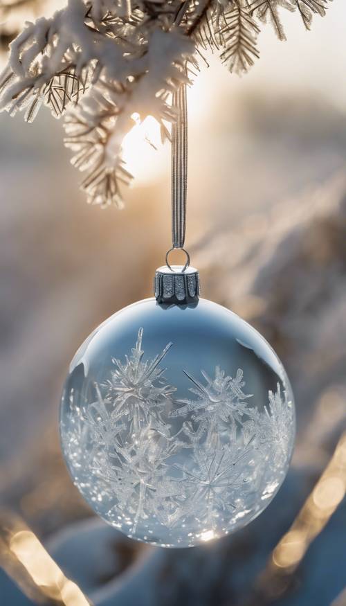 Eine künstlerische Aufnahme von Eiskristallen, die sich auf einer im Freien hängenden Weihnachtskugel bilden, auf deren Oberfläche sich die Winterlandschaft spiegelt.