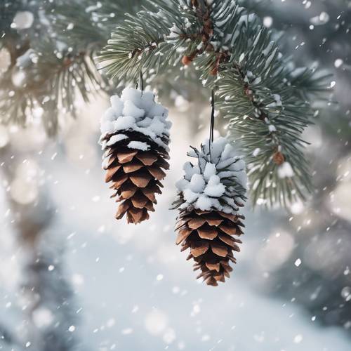 Pinhas elegantes e cobertas de neve penduradas na árvore contra um cenário de neve.