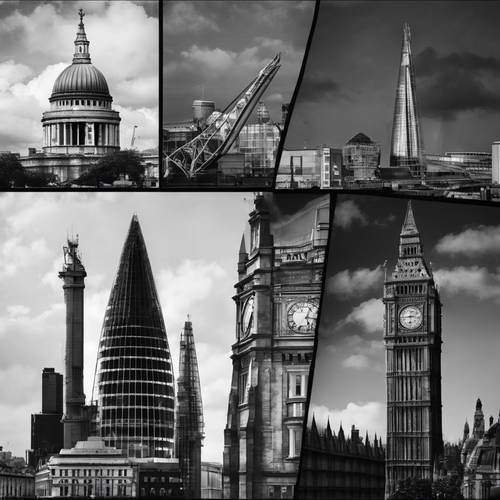 런던 스카이라인의 흑백 실루엣으로 현대 건축물과 역사적인 건축물이 혼합된 모습을 보여줍니다.
