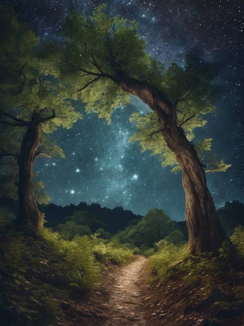 A magical landscape of a fairy forest glistening under the mystical allure of a starry night sky.