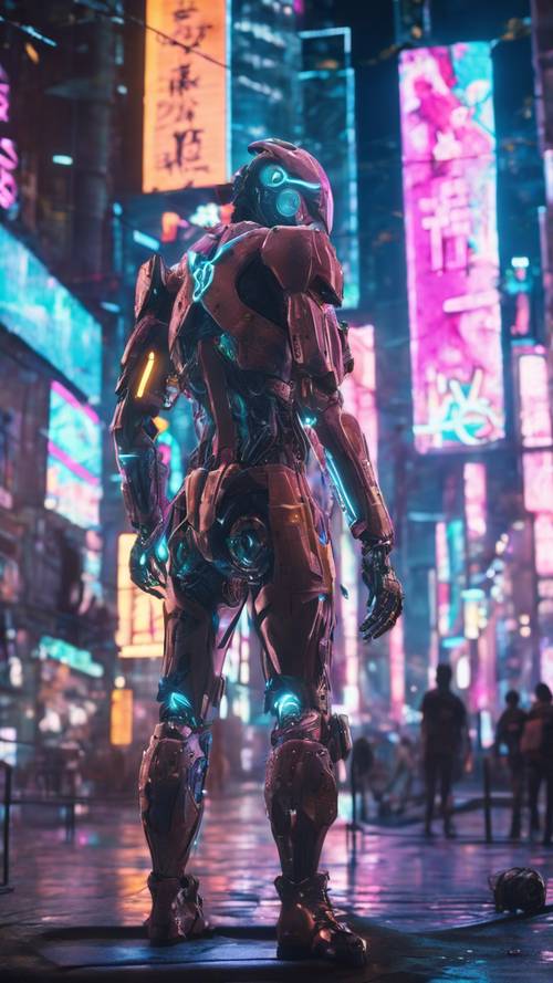 Futuristischer Anime-Cyborg in einer weitläufigen, dystopischen Stadtlandschaft voller Neonschilder.