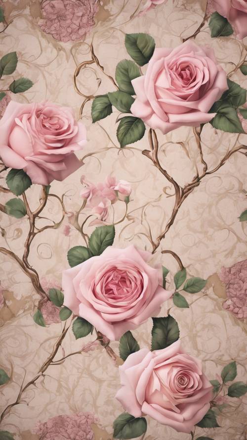 A charming pattern of pink roses intertwined with delicate vines on vintage Victorian wallpaper.