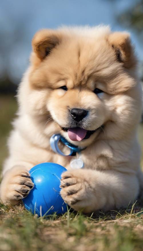 Un adorabile cucciolo di chow chow lanuginoso che mastica un giocattolo di palla blu.