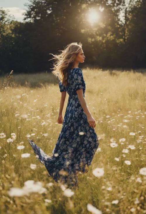 فستان طويل مزين بالزهور باللون الأزرق الداكن يتدفق بشكل مهيب بينما تدور امرأة في مرج مضاء بنور الشمس.