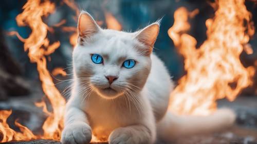 Eine feurig weiße Katze mit durchdringenden eisblauen Augen, die in einem faszinierenden Schauspiel aus Feuer und Eis zwischen lodernden Flammen herumspringt.