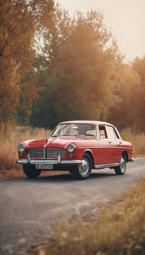 A charming, vintage car in light red color parked on a quiet countryside road.