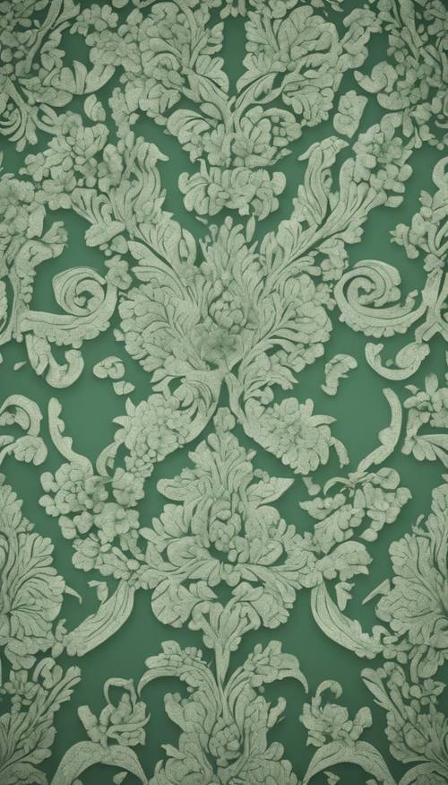 Un motivo di intricato damasco verde salvia su un elegante abito da ballo.