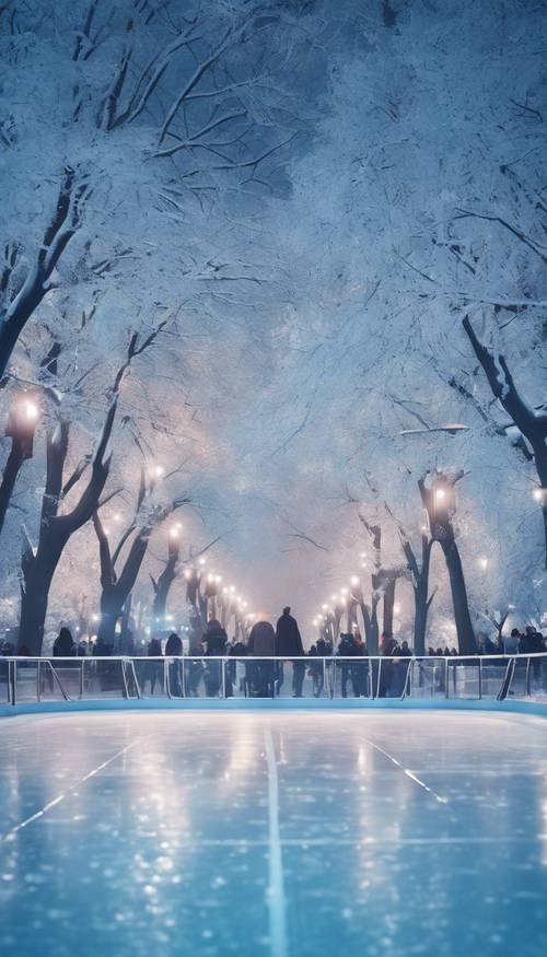 A pastel blue ice-skating rink in the middle of a snowy park, sparkling under the night sky. Wallpaper [12fa9a509121446ea0b2]