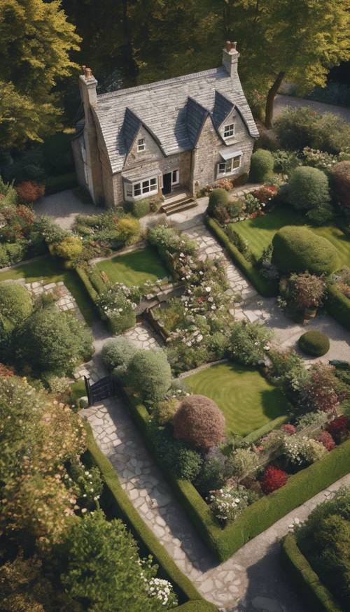 Veduta a volo d&#39;uccello di un affascinante cottage immerso in un rigoglioso giardino di campagna all&#39;inglese.