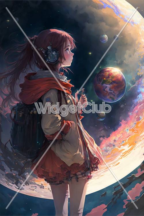 Girl with Headphones Gazing at Space Bubbles