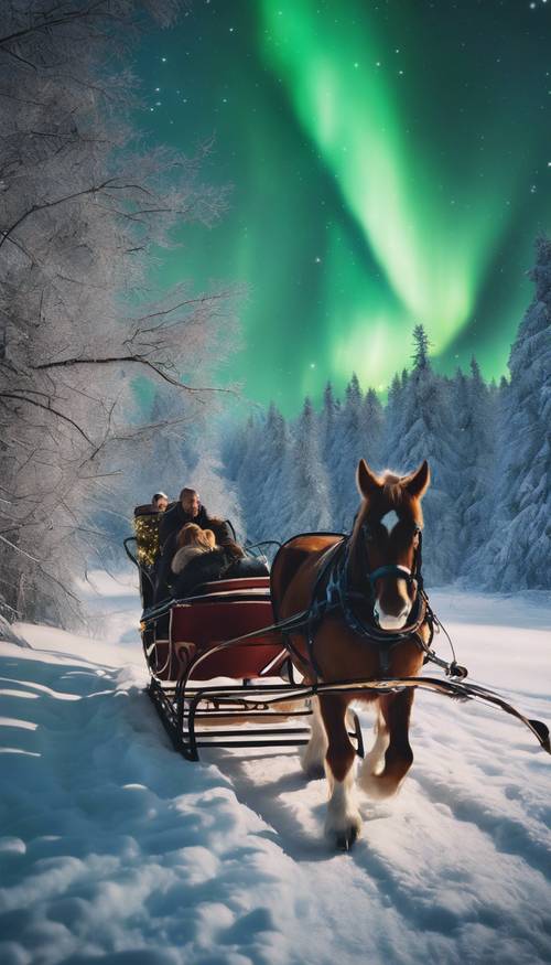 An enchanting sleigh ride through a snowy forest, under the shimmering northern lights.