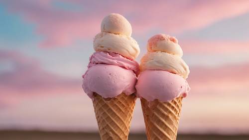 Two ice cream cones held against a pastel sky, a simplistic representation of a sweet couple's outing Тапет [259376d95511452399ba]