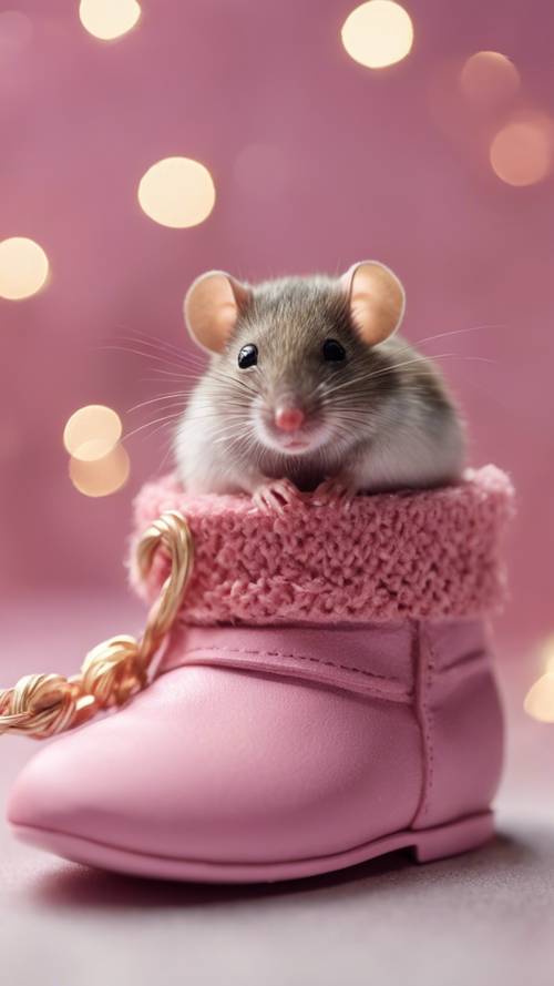 Una dulce escena navideña con un pequeño ratón acurrucado dentro de una bota rosa.