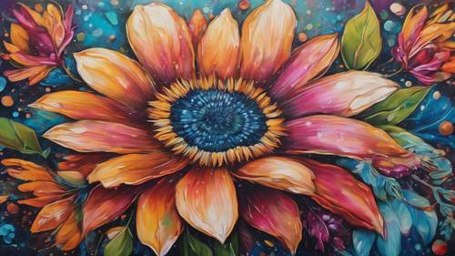 Uma vibrante pintura floral de estilo boho em uma tela de madeira.