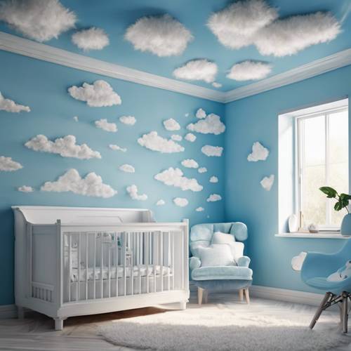 Une chambre de bébé peinte en bleu ciel avec des nuages ​​blancs duveteux sur les murs.