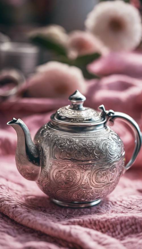 優雅的銀色茶壺，設計複雜，放在粉紅色的野餐毯上。