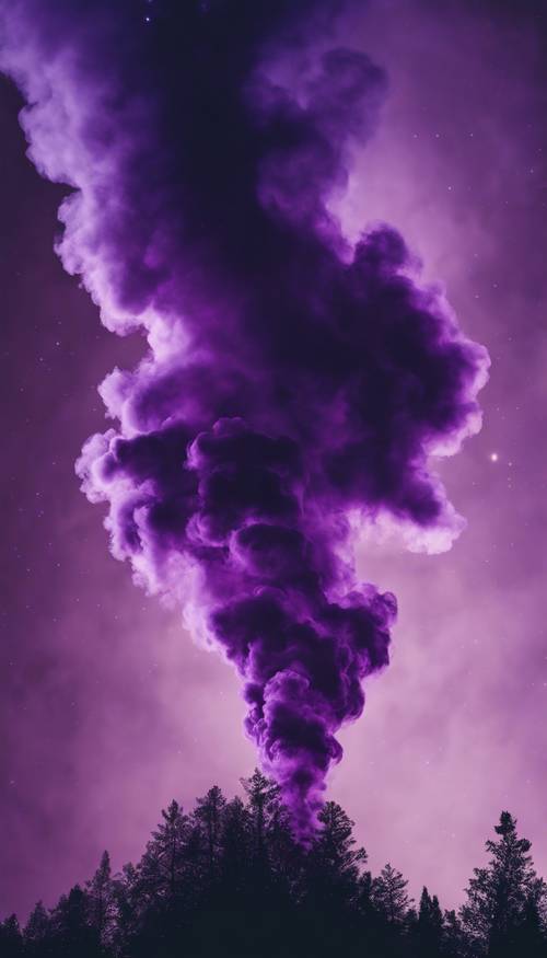 A mystic scene featuring a striking blend of black and purple smoke forming mysterious patterns in the chilly midnight ambiance.