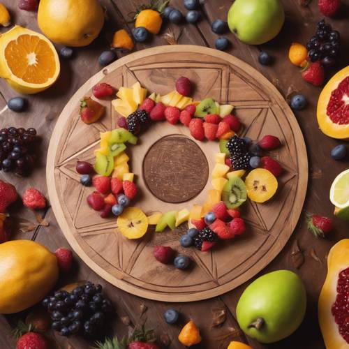 Una rappresentazione commestibile della costellazione del Sagittario formata disponendo diversi pezzi di frutti tropicali su una tavola di legno.