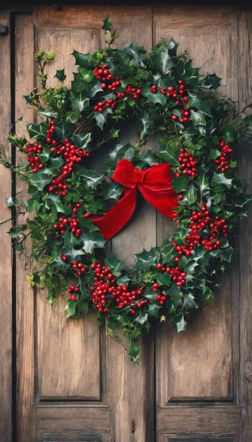 A beautiful Christmas wreath made of fresh holly and ivy hanging on a rustic door, welcomely greeting everyone who visits.