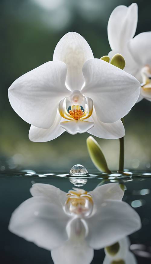 زهرة أوركيد بيضاء رقيقة تطفو بلطف على سطح بحيرة هادئة.