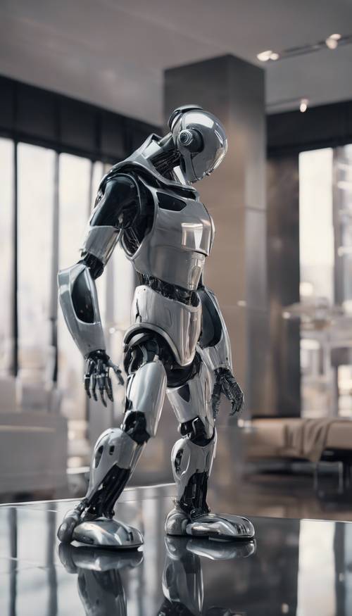 Advanced robots with humanoid forms and chrome finishes performing everyday tasks in a sleek, futuristic home, embodying a Black Mirror-style scene.