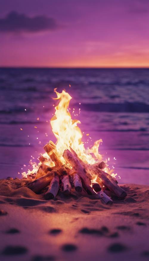 Api unggun ungu yang indah menyala di pantai terpencil saat senja.