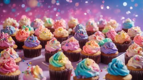 一幅生动的梦境，黄昏的天空点缀着甜蜜的彩虹糖，如纸杯蛋糕、棒棒糖和糖果。