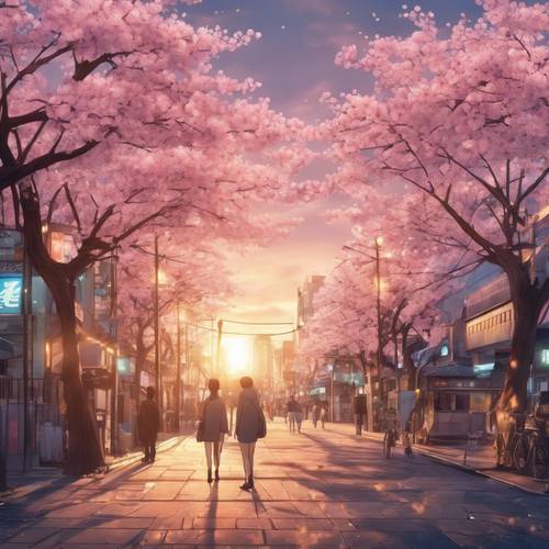 Panorama kota anime yang dihiasi bunga sakura di bawah cahaya lembut matahari terbenam.