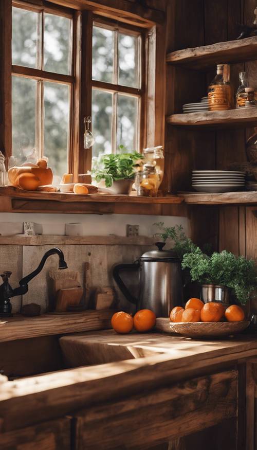 Uma cozinha rústica campestre com detalhes em madeira laranja escuro.
