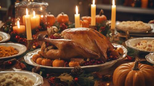 Meja makan malam Thanksgiving yang meriah dilengkapi dengan hidangan seperti kalkun, isian, dan pai labu. Wallpaper [4b8e5c8ac1524b0189b9]