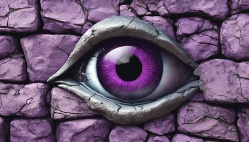 A purple evil eye, peering from behind a cracked stone wall.