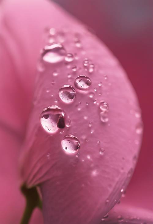 日出時，粉紅色花瓣上閃閃發光的露珠的特寫。